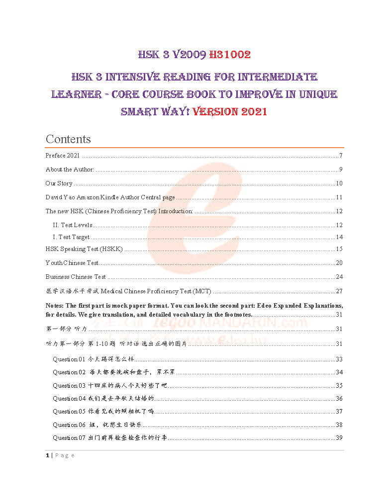 HSK 3 Chinese Intensive Reading for Intermediate Level H31002 V2009 (PDF BOOK)