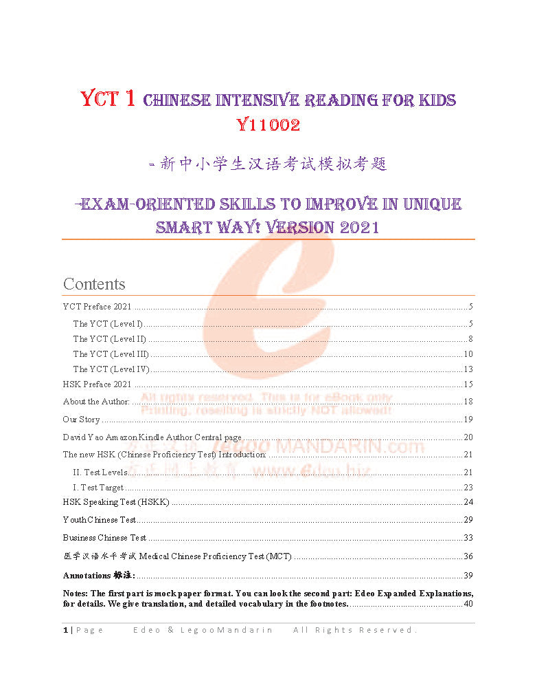 YCT 1 Chinese Intensive Reading for Kids Y11002 Official Mock