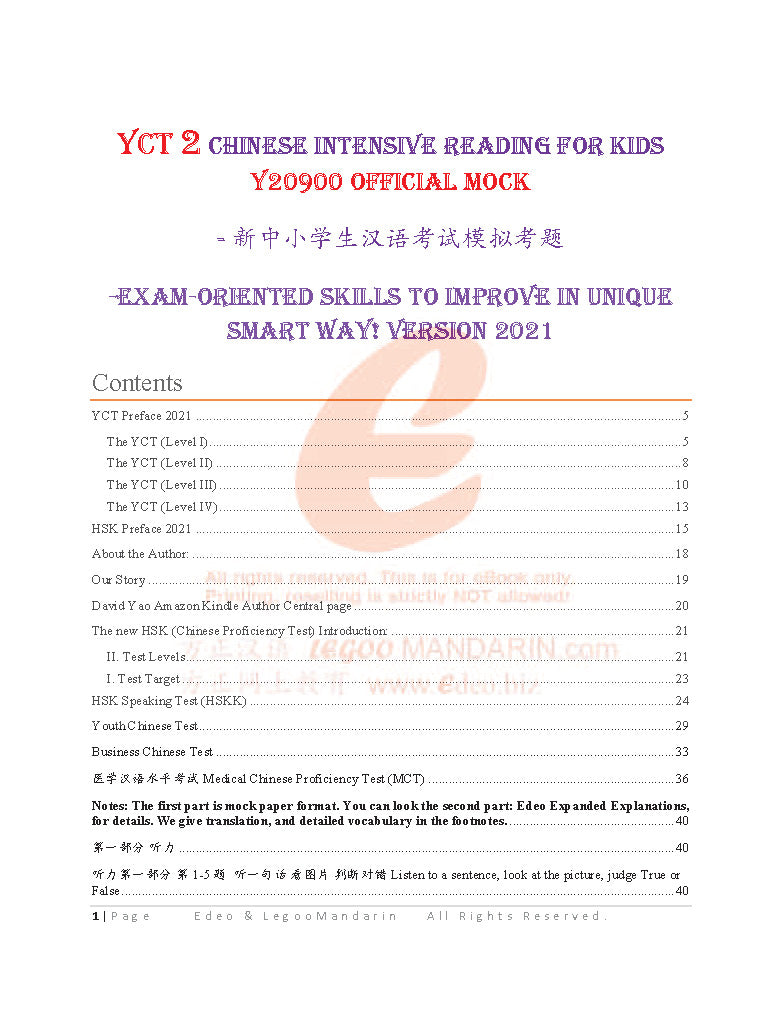 YCT 2 Chinese Intensive Reading for Kids Official Mock 少儿汉语考试模拟考题