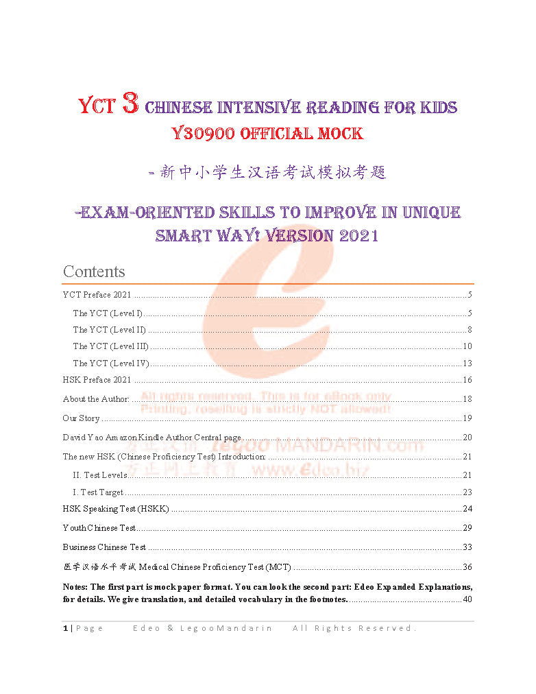 YCT 3 Chinese Intensive Reading for Kids Official Mock 少儿汉语考试模拟考题